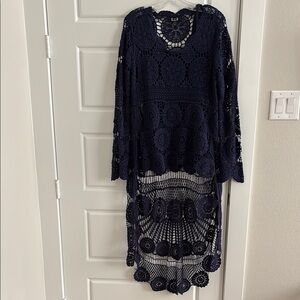 Dark Blue High Low Crochet Top/Tunic with Bell Sleeves & matching shell top